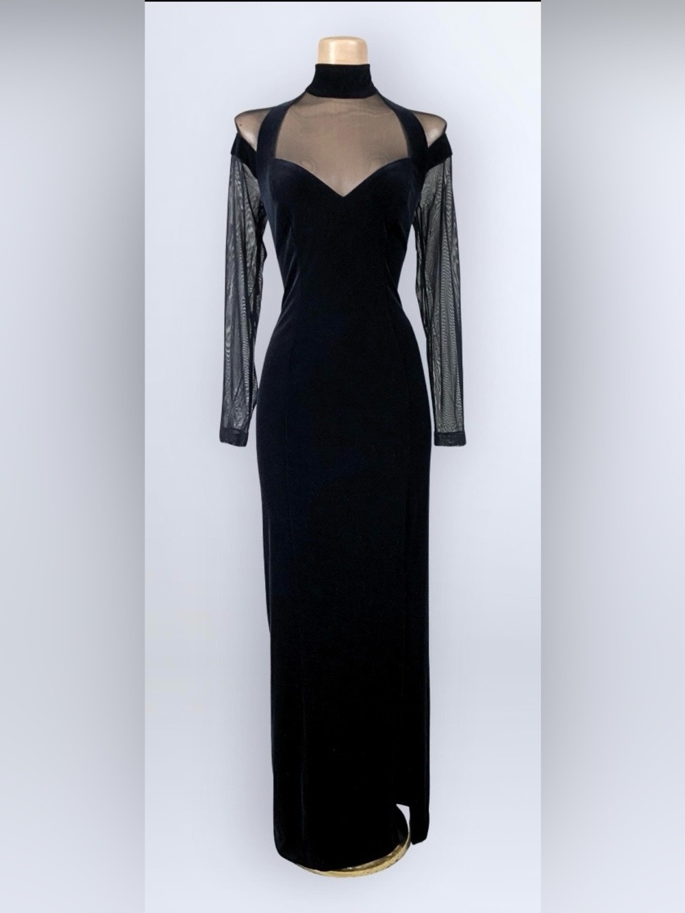 NWOT Vtg 90s Night Way Black Velvet Mesh Gown Goth 8